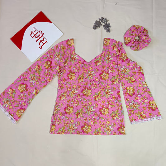 Samesu short kurti, cotton flower printed, 1 Scrunchie free.
