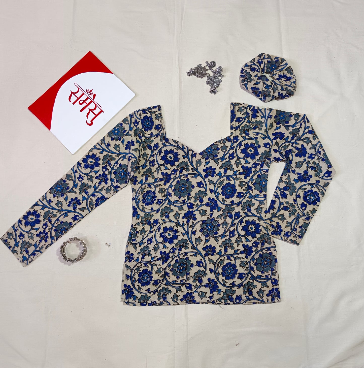 Short kurti with long sleeve , cotton fabric & 1 scrunchie free