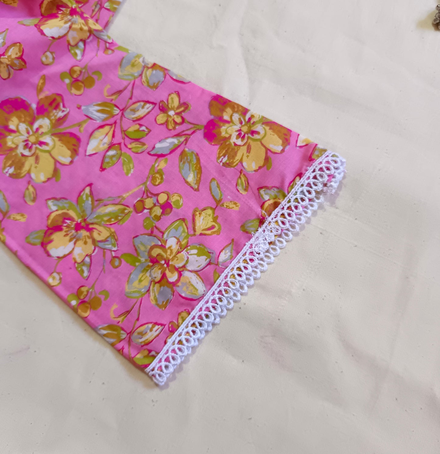 Samesu short kurti, cotton flower printed, 1 Scrunchie free.