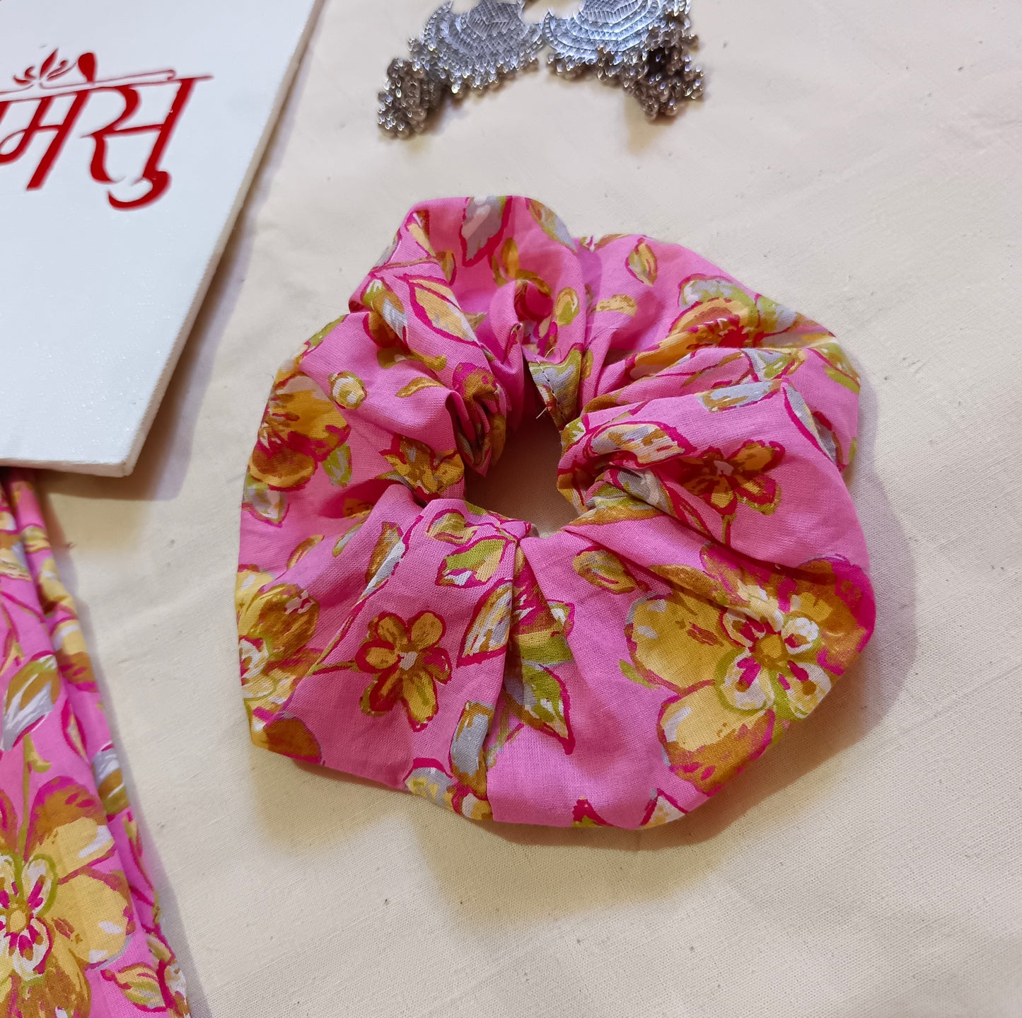 Samesu short kurti, cotton flower printed, 1 Scrunchie free.